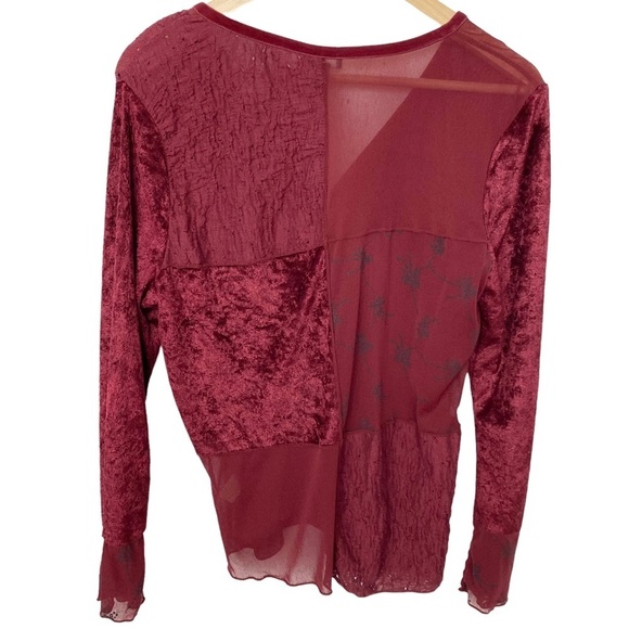 J Jill deep red velvet accents partially sheer button down Top - Picture 2 of 12